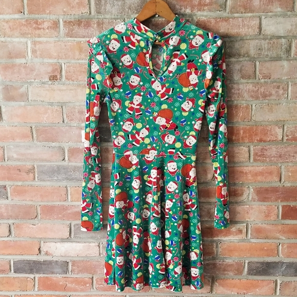 "Ugly" Christmas Green Santa Print Velour Dress - Picture 4 of 7